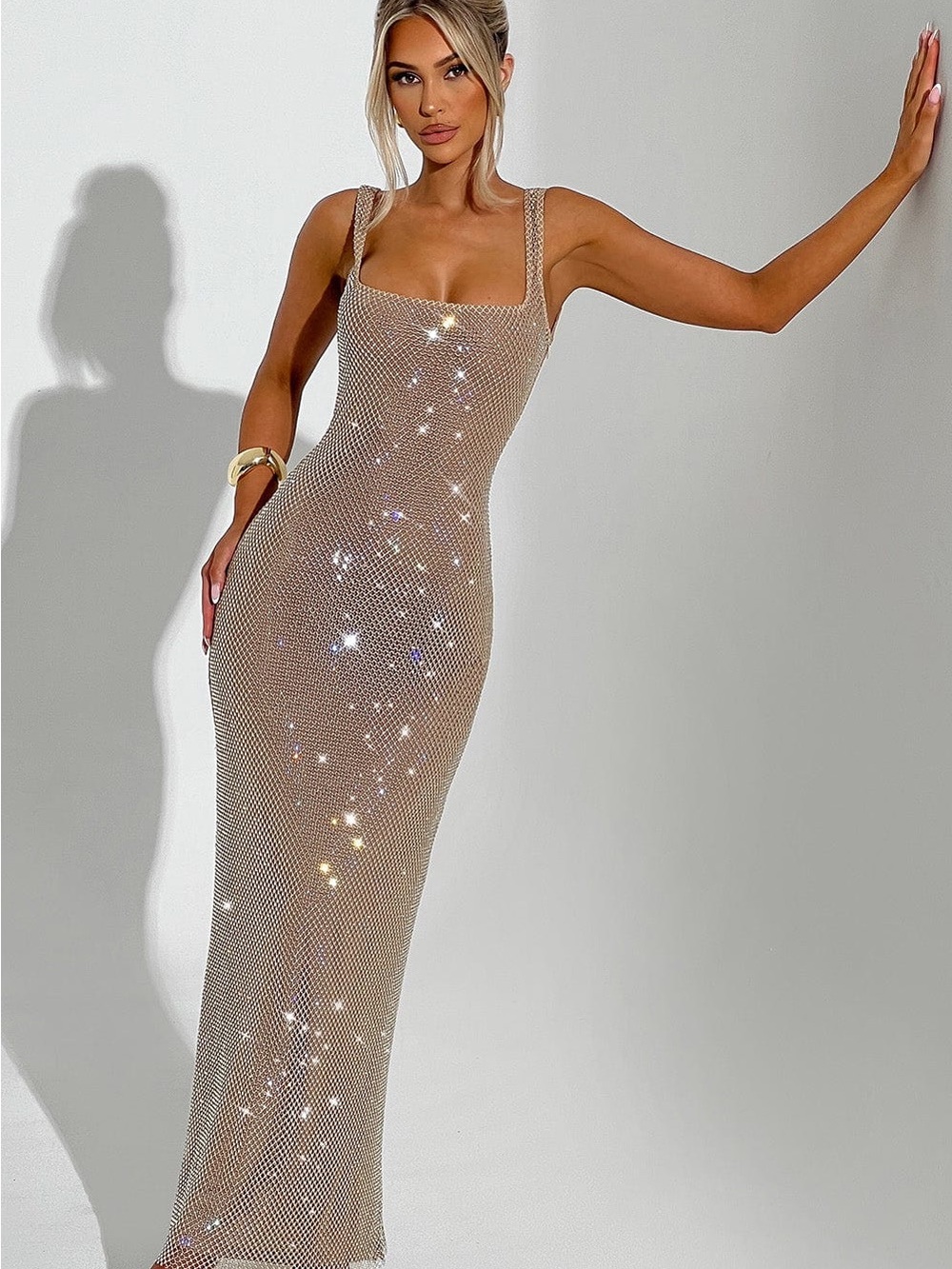 Sequin Mesh Maxi Dress in Champagne - Elegant Square Neck - Picture 2 of 4